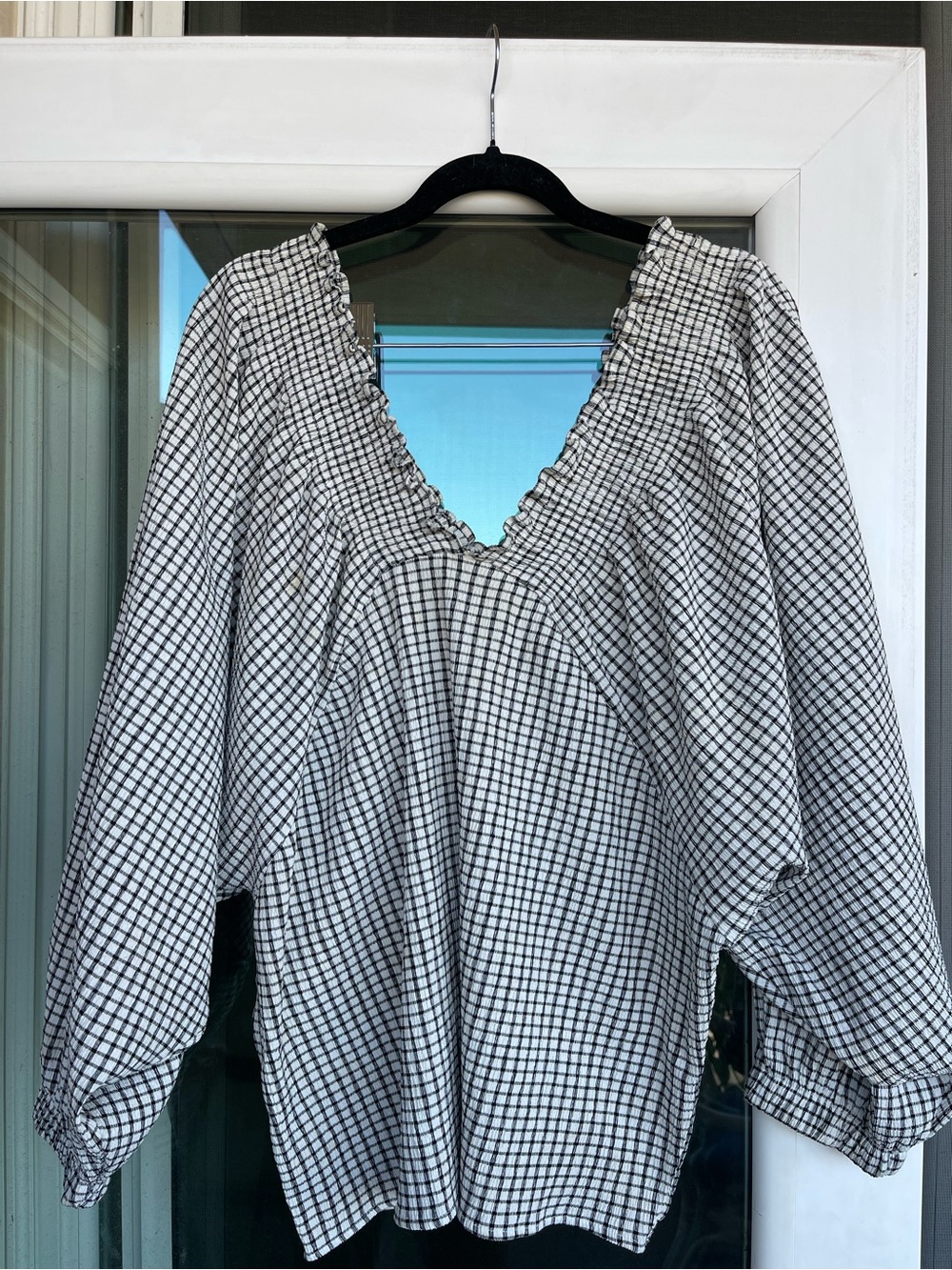 Lightweight Black & White Check V-Neck off the shoulder Women’s Top